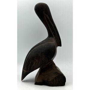 Vintage‎ Wood Hand Carved Wooden Pelican Exotic Hard Iron Statue 9" Tall